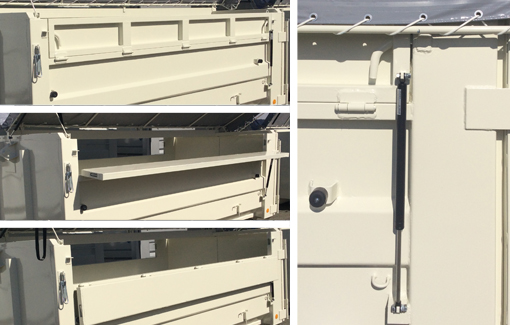 アオリ開閉時の安全性を高めるガスダンパーを採用